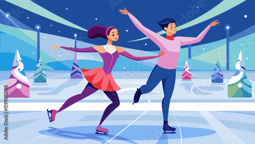 Couple figure skating together on an illuminated ice rink