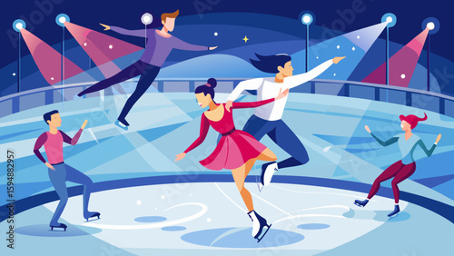 Ice skating competition with diverse participants under spotlight