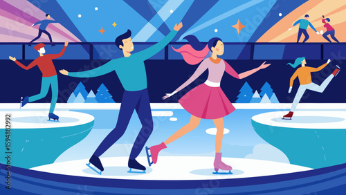Joyful ice skating scene with diverse skaters under colorful lights