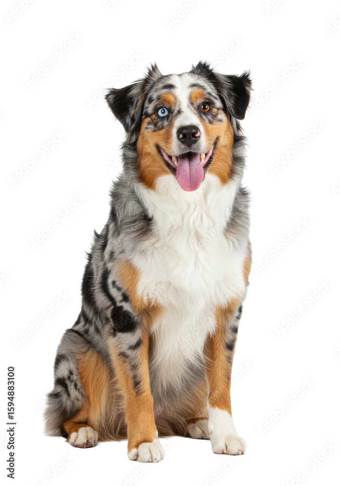 Fototapeta premium A young merle Australian Shepherd with heterochromatic eyes (blue/brown) sitting happily with tongue out, isolated on a seamless transparent studio background with copy space, ultra photorealistic