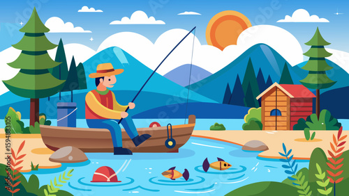 Fisherman in a boat by a lakeside cabin