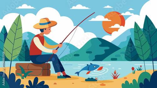 Fisherman catches fish by the lake on a sunny day