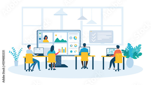 People at desks in an office with a large screen showing charts and video conference call displayed on it