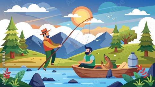 Two friends enjoy a sunny day fishing on a calm lake