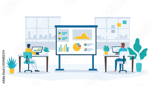 Two people working on computers with a presentation board in an office environment setup nicely