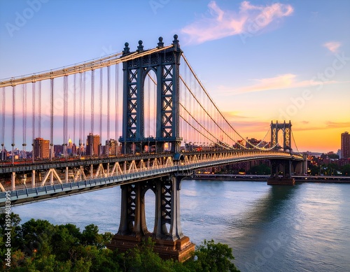 Fototapeta Naklejka Na Ścianę i Meble -  Iconic manhattan bridge and skyline at sunset over east river new york city