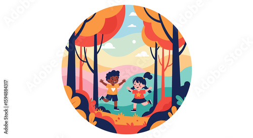 Vector illustration of children playing happily in a park. Includes trees, grass, and playground equipment. Suitable for education, childcare, outdoor activities, and family themes.