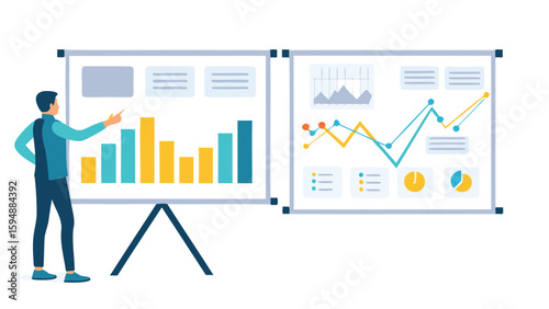 A man presenting bar graph and line chart on white boards with business data and information analysis