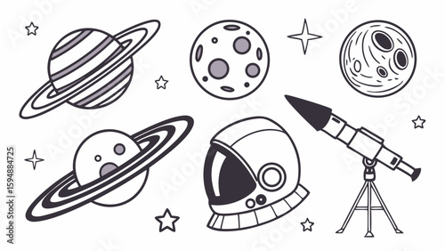 Space doodle line art set with planets, moon, stars, astronaut helmet, and telescope. Outer space astronomy science elements.