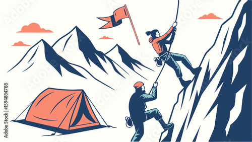 Mountain climbing adventure with team. Climbers reaching summit, achieving goals, success, and overcoming challenges. Outdoor camping.