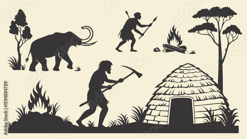 Prehistoric Stone Age caveman life silhouette vector set with mammoth, primitive man, hut, fire, and ancient tools.
