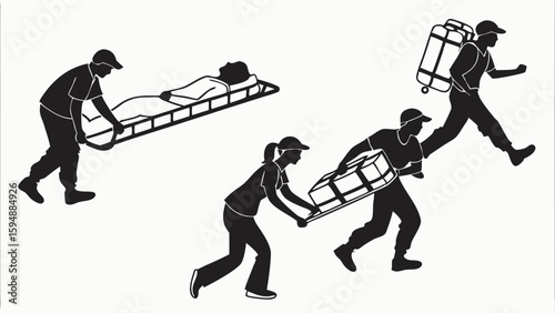 Search and rescue team carrying patient on stretcher and medical equipment. Emergency response and first aid concept.