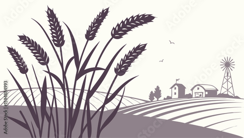 Wheat and grain field with farm buildings, barn, and windmill. Rural agriculture landscape. Harvest season illustration.