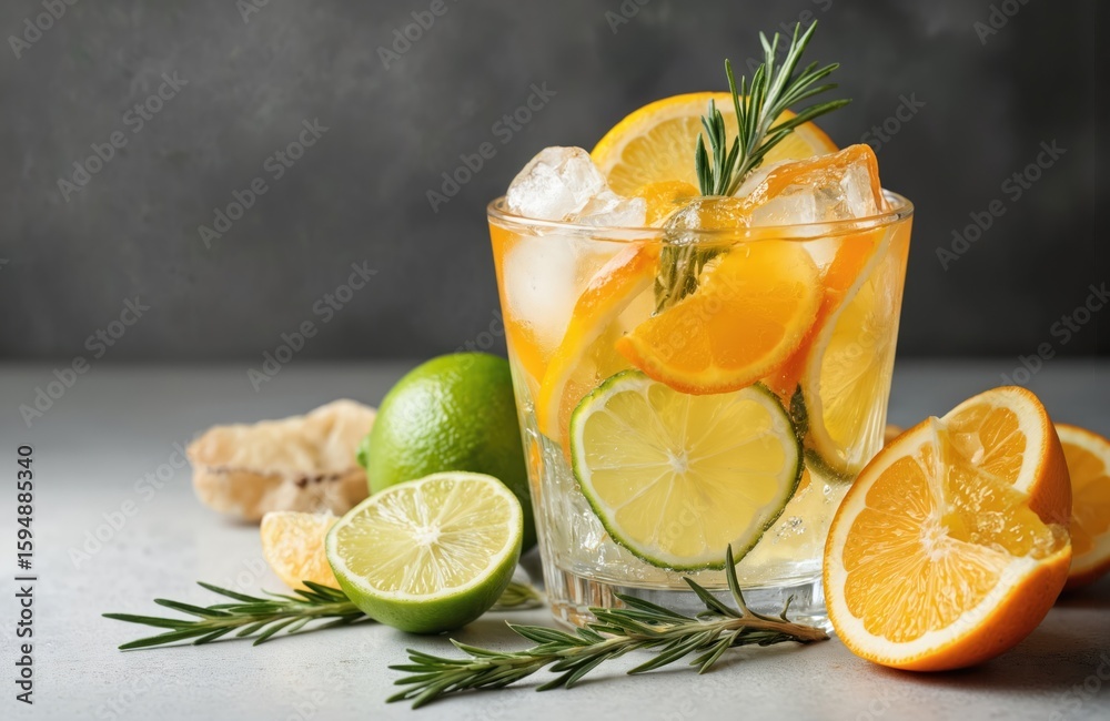 Fototapeta premium Refreshing citrus gin, tonic cocktail with orange, lemon, lime slices, rosemary sprigs. Ice cubes, bubbles add texture. Vibrant colors on neutral background evoke summer refreshment, elegant party