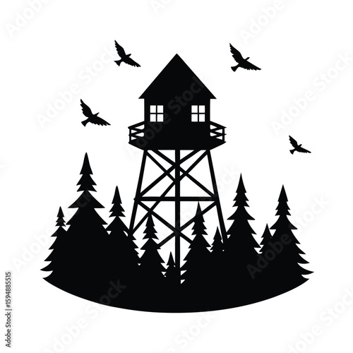 Forest Watchtower and Birds in Peaceful Wild Scene silhouette Art Vector illustration
