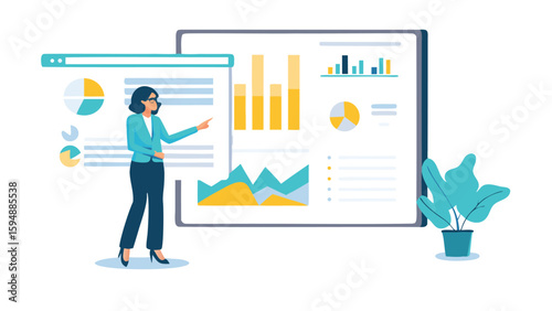 Woman presenting business data charts and graphs on a screen with potted plant illustration design