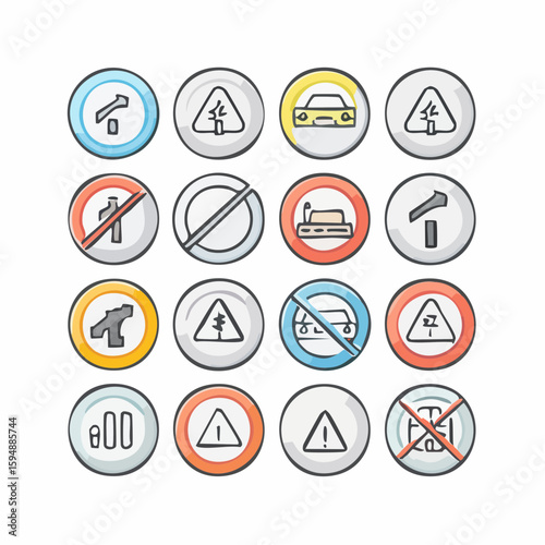 A collection of various colorful road signs illustrations, featuring warning signs, no entry signs, and directional signs displayed in a clean, organized manner.