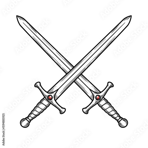 Crossed medieval swords with decorative handles 