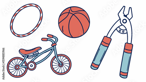 Bicycle, basketball, hula hoop, and hand gripper. Sport, fitness, and play equipment for active lifestyle.