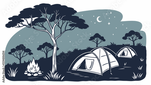 Night camping scene with tents campfire and starry sky Outdoor adventure in nature wilderness landscape
