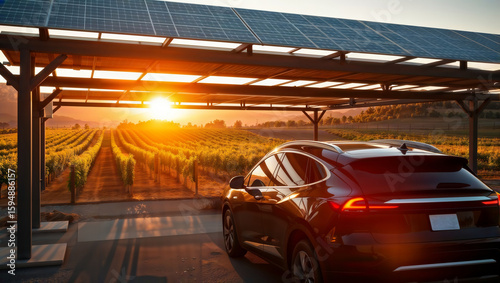 Car charging at a vineyard. An electric vehicle parked under a solar carport with a scenic view of a vast vineyard during a golden sunset.