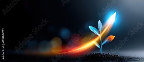 business startup growth concept. A glowing plant sprouting from dark soil with colorful light trails.