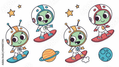 Cute cartoon aliens in space suits surfing on boards with stars, planets, and moons. Fun sci-fi adventure illustration.
