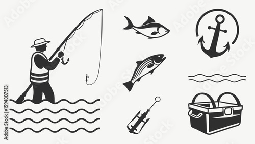 Fishing vector icons set. Fisherman, fish, rod, tackle box, anchor, and waves. Outdoor sport and marine hobby collection.