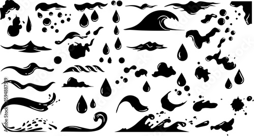 Vector art set of black silhouette tribal fire flower and bird leaf symbols