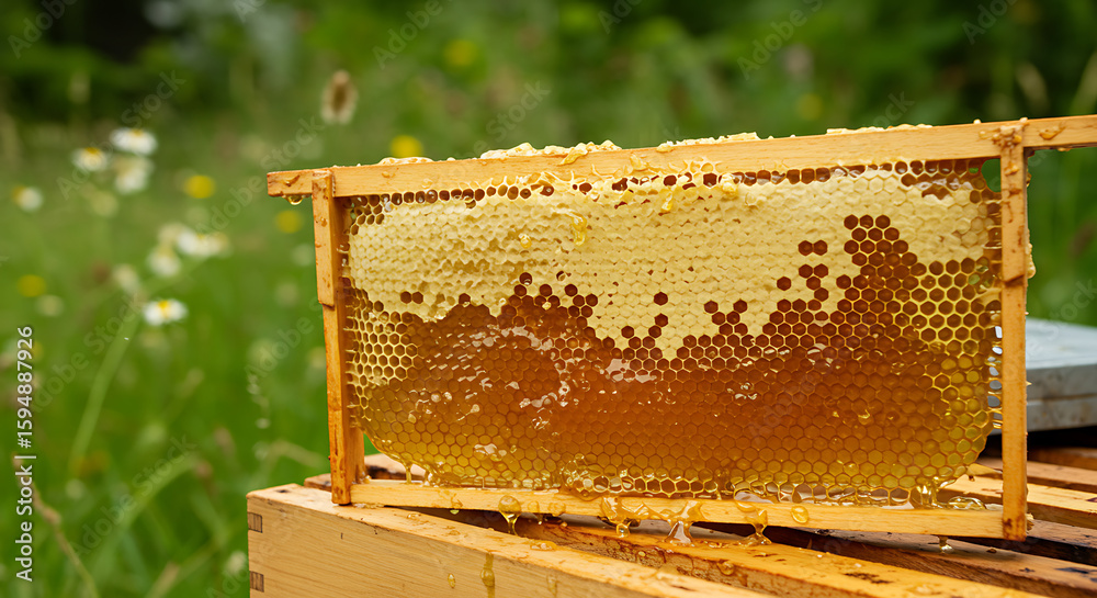 Raw Honeycomb Frame with Dripping Honey against Wooden Beehive in Green Field Raw Honeycomb Frame with Dripping Honey against Wooden Beehive in Green Field