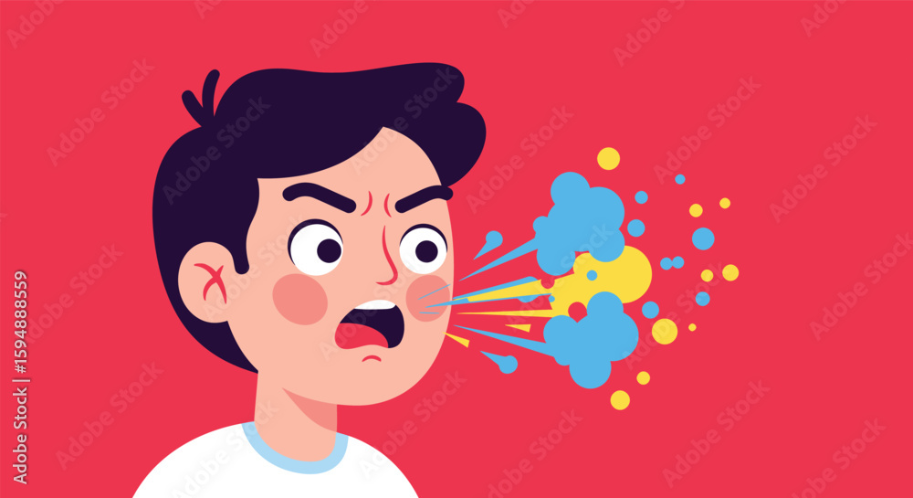 Angry Boy with Dark Hair Open Mouth and Expressive Face Exhaling Blue and Yellow Splashes. Angry Boy with Dark Hair Open Mouth and Expressive Face Exhaling Blue and Yellow Splashes.