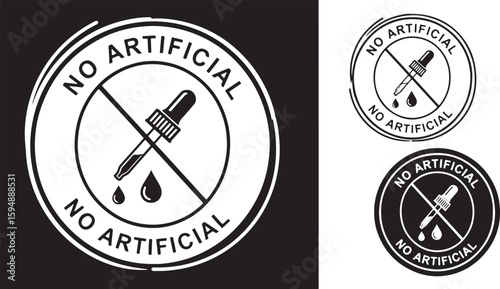 No artificial ingredients stamp label seal, stamp, label, seal, no artificial, dropper, liquid, drop, prohibition, symbol, health, natural, organic, ingredient, purity, quality, clean, simple, graphic