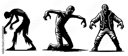 Three Zombie Silhouettes: Horror, Decay, Aggression Stock Illustration