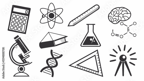 Science and Education Icons Set. Scientific Research, School Learning, Math, Chemistry, Biology, Physics Symbols.