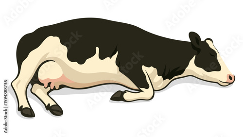 Sleeping Holstein Cow, Dairy Farm Animal, Vector Illustration