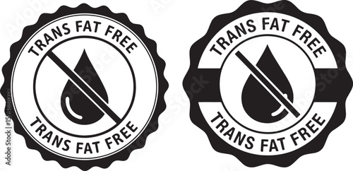 Trans fat free seal with drop symbol stamp label, trans fat free, seal, stamp, label, nutrition, food, health, ingredient, symbol, prohibition, drop, liquid, black and white, graphic, design, certific