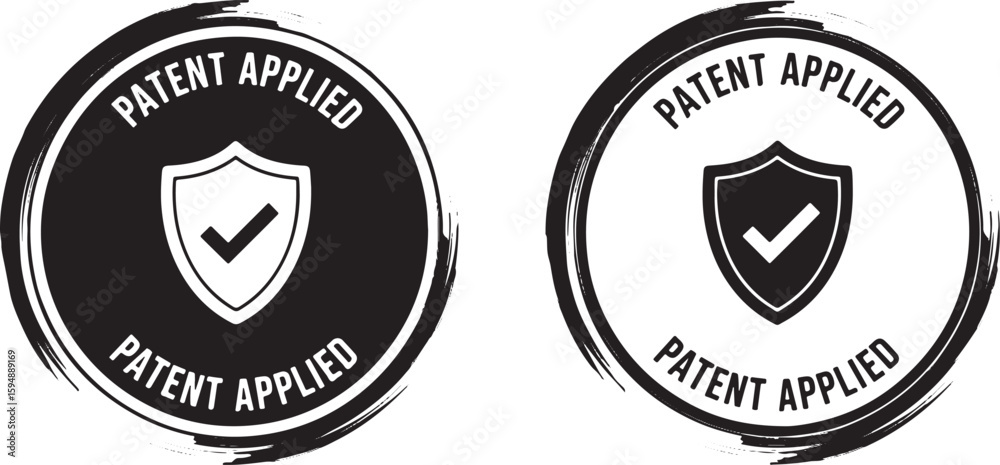 Fototapeta premium Black and white patent applied emblems with shield, patent, applied, emblem, shield, checkmark, protection, legal, intellectual property, trademark, certification, approval, official, document, seal, 