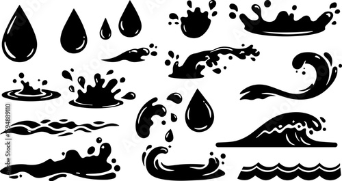 Vector art set of black silhouette tribal fire flower and bird leaf symbols