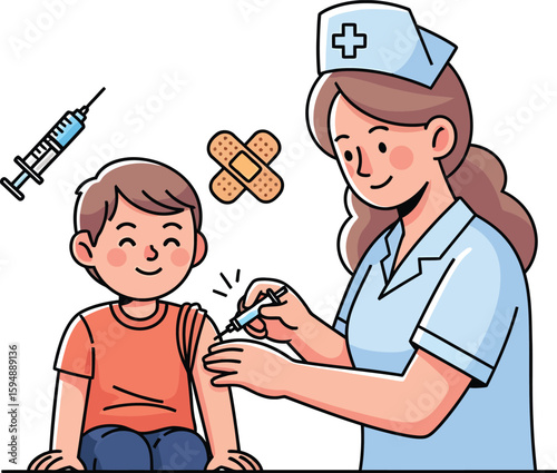 Cartoon Nurse Administering Vaccine to Boy with Syringe Wearing Uniform.