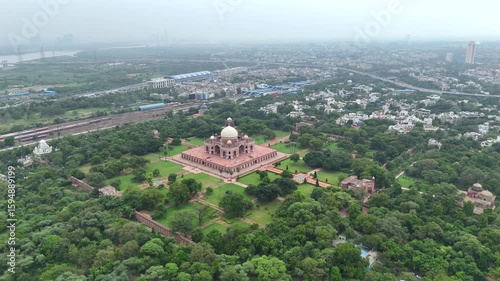 An aerial shot of Humayun's Tomb at New Delhi in India
