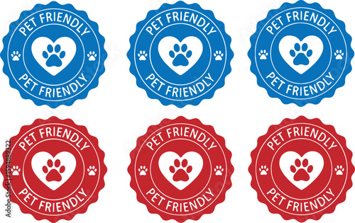 Blue and red pet friendly emblems with paw prints heart, pet friendly, paw print, heart, blue, red, emblem, badge, sign, symbol, animal, domestic, welcome, circular, graphic, illustration, clean, simp