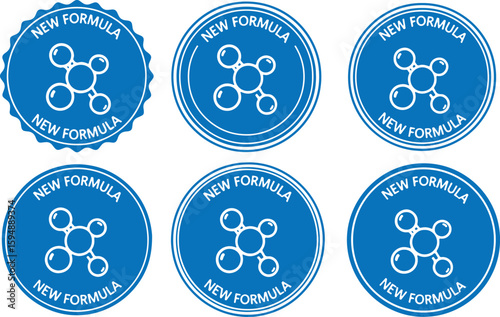Blue circular badges with new formula text and molecular structure, blue, white, circular, badge, seal, new formula, molecular structure, science, chemistry, innovation, technology, health, cosmetic, 