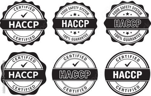 Certified H A C P food safety guarantee seals HACCP, haccp, certified, food safety, guarantee, seal, badge, emblem, quality, assurance, compliance, standard, regulation, system, checkmark, stars, blac