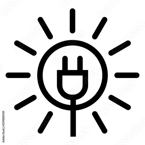 Logo energía limpia y sostenible. Símbolo energía renovable. Icono sol con enchufe eléctrico con cable con líneas