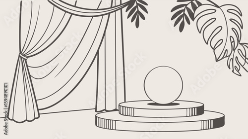 Minimalist line art product display podium with sphere, elegant draped curtain, tropical leaves. Empty stage background template.