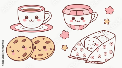 Kawaii cute cartoon coffee cup and chocolate chip cookies vector illustration with adorable breakfast snack food characters.