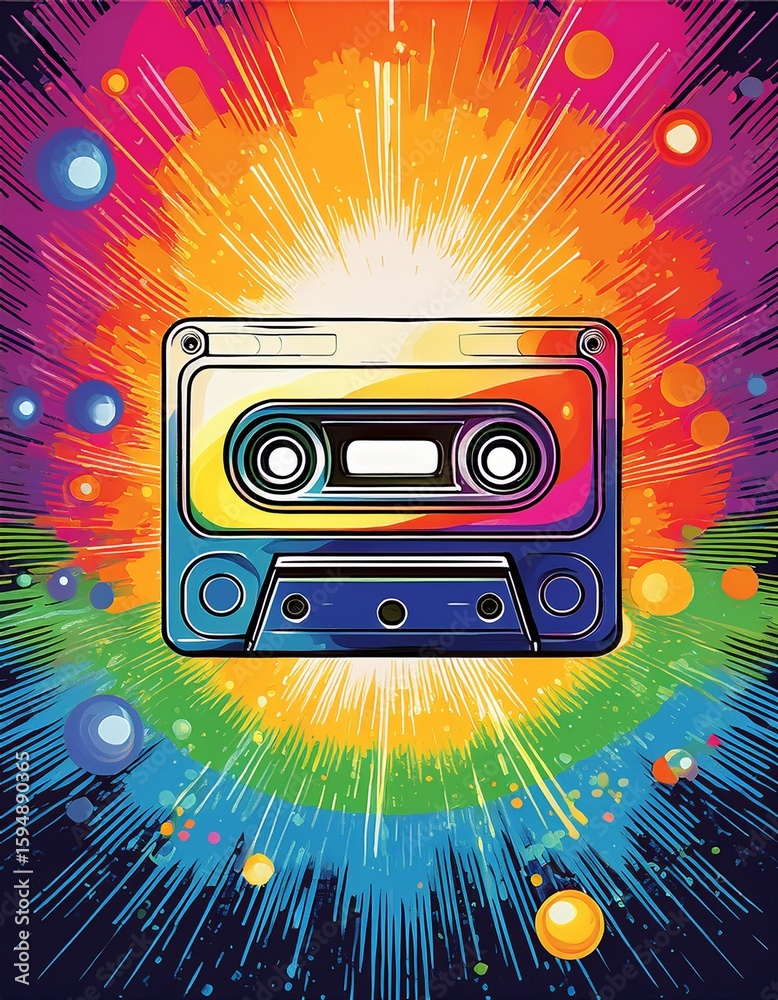 Fototapeta premium cassette tape with rainbow trail, pop art style__ 