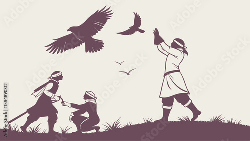 Traditional falconry with men and birds of prey in silhouette. Ancient hunting sport, freedom, and cultural heritage.