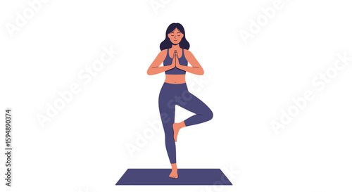 A woman in athletic wear performs the tree pose in yoga, standing on a mat with hands in prayer position.