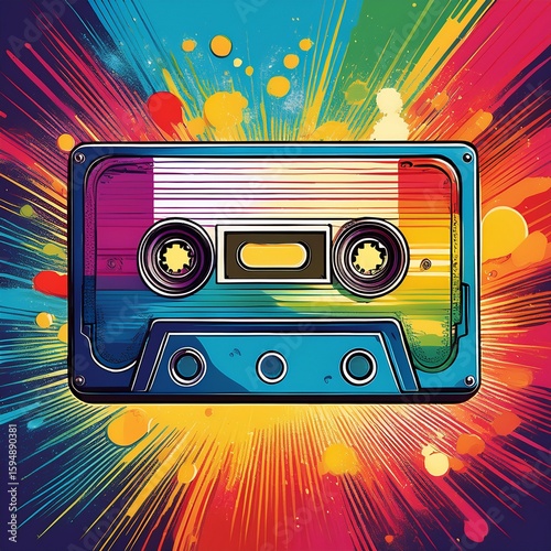 cassette tape with rainbow trail, pop art style__ 